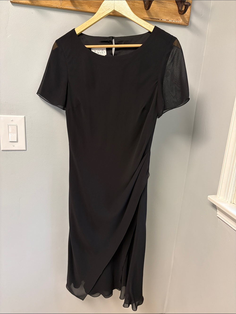 David Warren Black Midi Dress with Sheer Short Sleeves and Draped Skirt